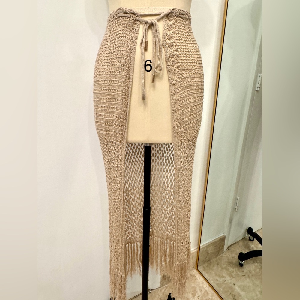 NWT ALTEREDREAMS Beige Crochet Fringe Maxi Skirt Coverup Boho Beach Resort XS